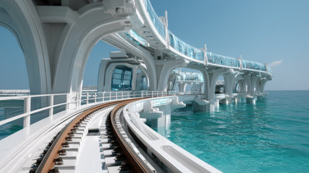 A stunning depiction of a futuristic bridge featuring sleek design elements over serene turquoise water, showcasing modern architecture against a clear sky.の素材