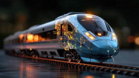 This image showcases a futuristic high-speed train reflecting an illuminated cityscape at night. The design highlights innovation and urban travel.の素材