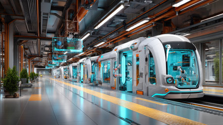 This image showcases a futuristic transportation hub featuring sleek, autonomous trains within a high-tech interior. Bright aesthetics and innovative design elements enhance public transit efficiency and comfort.の素材