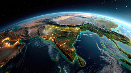 Stunning satellite imagery displaying the intricate geography of Asia, showcasing natural features, urban areas, and their boundaries from a celestial view.の素材