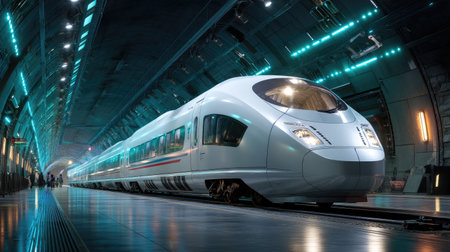 A sleek high-speed train waits in a futuristic train station, illuminated by vibrant neon lights. This modern design showcases the intersection of technology and travel.の素材