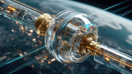 A stunning close-up of a transparent sphere showcasing advanced technology components, set against a captivating Earth background. Ideal for science and innovation themes.の素材