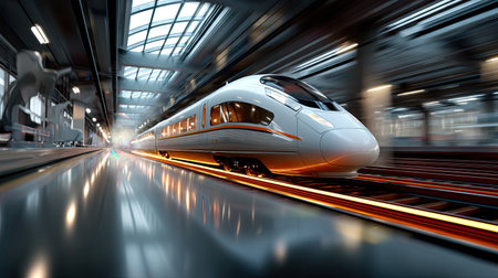 A high-speed train captures the essence of modern travel as it glides through a railway station, illuminated by ambient lights. The blurry backdrop adds to the sense of rapid motion, showcasing the sleek design and advanced technology of contemporary trains. Ideal for travel and transportation themes.の素材