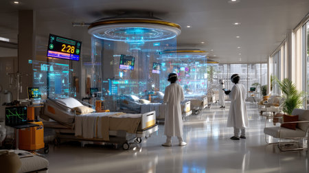 A modern hospital room showcasing advanced medical technology with holographic displays, emphasizing innovation in healthcare and patient monitoring systems.の素材