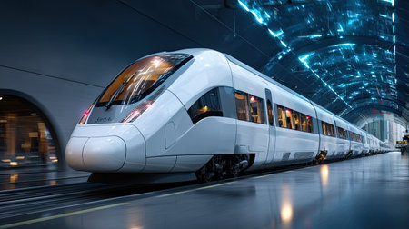 A contemporary high-speed train stands ready at a futuristic station, showcasing sleek lines, dynamic lighting, and innovative design elements, exemplifying modern travel advancements.の素材