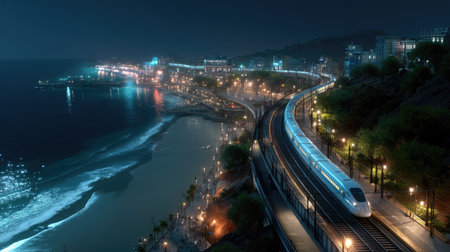 A breathtaking nighttime scene showcasing a sleek train traveling along a scenic coastline. City lights reflect beautifully on calm waters, creating a magical atmosphere.の素材