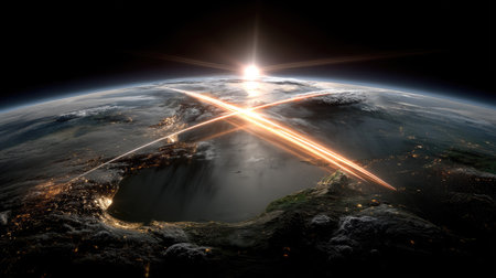 Captivating depiction of Earth from above, showcasing data lines connecting regions against a backdrop of a glowing sunrise and dark atmosphere.の素材