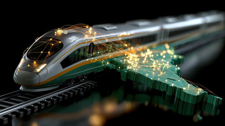 This image features a high-speed train integrated with digital technology elements, representing advancements in modern transportation and sustainability.の素材