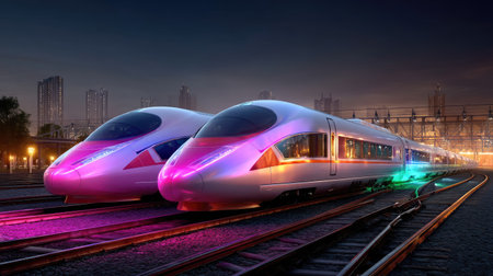 A stunning image showcasing futuristic high-speed trains illuminated with vibrant colors at night in an urban environment. The scene captures a perfect harmony of modern technology and sleek design.の素材