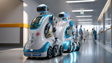 Two advanced robots designed for healthcare operations navigate a modern hospital corridor, showcasing the future of patient care and technology integration.の素材