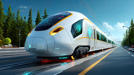 A sleek high-speed train glides effortlessly on its tracks amidst a lush green landscape and blue sky, showcasing modern transportation technology and design.の素材