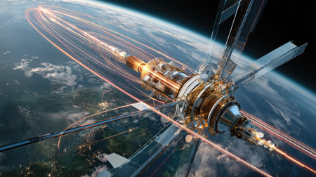 A stunning visualization of a futuristic space station orbiting Earth, showcasing colorful light trails and a sense of advanced technology in deep space.の素材