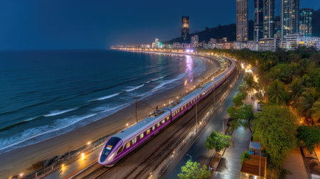 Capture the mesmerizing beauty of a modern train navigating the vibrant urban beachfront under the night sky, framed by shimmering city lights and ocean waves.の素材
