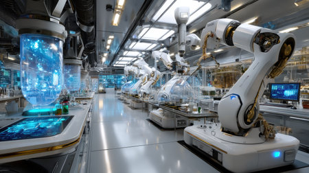 A high-tech laboratory showcasing advanced robotic arms and futuristic equipment designed for scientific experimentation and research projects.の素材