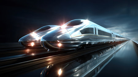 This striking image features two futuristic high-speed trains racing side by side through a dark landscape, showcasing sleek metallic designs and vibrant light reflections, symbolizing advancement in transportation technology.の素材