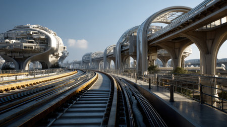 A stunning view of a futuristic urban landscape featuring elevated transport systems and modern architecture. Bright sky enhances the innovative design.の素材