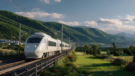 A sleek high-speed train glides through a picturesque landscape filled with verdant hills and a clear blue sky. Ideal for illustrating modern transportation and nature.の素材