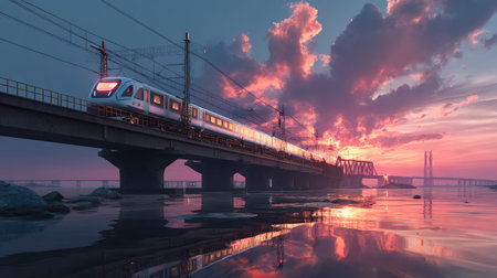 A stunning sunset reveals a train crossing a robust bridge, reflecting beautifully on the water below. The scene captures nature's vibrant colors, offering a tranquil yet dynamic view.の素材