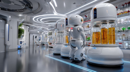 A high-tech laboratory featuring advanced robots and transparent storage tanks filled with orange liquid. The scene conveys innovation and automation in science.の素材