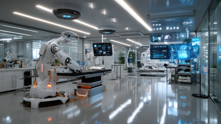This image showcases a cutting-edge robotics laboratory featuring sophisticated technology, interactive workstations, and a sleek modern design. It's a hub of innovation and research.の素材