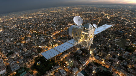 This image captures a satellite hovering above an illuminated urban cityscape at dusk, showcasing the blend of technology and modern architecture against the night sky.の素材
