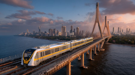 A modern train glides over a bridge at sunset, with a vibrant city skyline in the backdrop. The scene captures the essence of urban travel and infrastructure.の素材