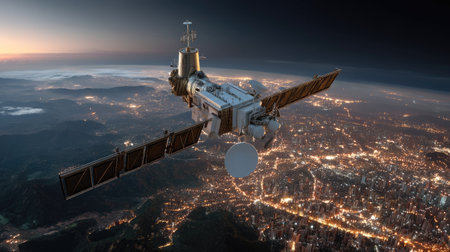 A captivating digital artwork showing a futuristic space station orbiting Earth at dusk, with bright city lights illuminating the landscape below.の素材
