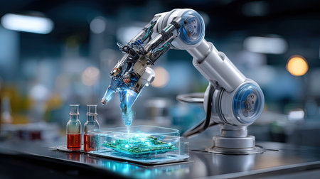 A futuristic robotic arm operates in a modern laboratory setting, showcasing advanced technology with glowing liquids and precision handling.の素材