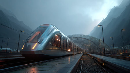 Experience a stunning view of a modern high-speed train at a futuristic station nestled among dramatic mountains, showcasing innovative design and advanced technology.の素材
