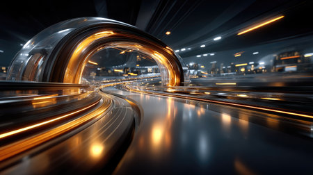 Explore an intriguing futuristic city landscape featuring sleek highways illuminated by vibrant lights, creating a dynamic and innovative urban experience.の素材