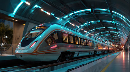A captivating view of a modern train at a futuristic station illuminated by vibrant blue neon lighting, showcasing cutting-edge design and urban travel dynamics.の素材