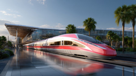 A sleek high-speed train glides into a modern terminal adorned with palm trees, showcasing innovative architecture under a vibrant sky.の素材