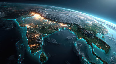 A captivating view of South Asia from space at night, showcasing city lights, glowing oceans, and detailed topography. Perfect for nature and geography enthusiasts.の素材