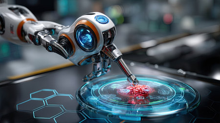This image showcases a futuristic robotic arm engaged in precise tasks on a digital interface, featuring advanced holographic displays. It highlights innovation in automation and technology, illustrating the future of robotics in modern industries and scientific research.の素材