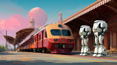 A vibrant scene depicting a futuristic train station where robots wait alongside a sleek train under a colorful sunset. Ideal for tech and travel themes.の素材