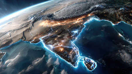 This breathtaking satellite image showcases India at night, capturing the vibrant lights of cities against a backdrop of diverse landscapes and natural features.の素材