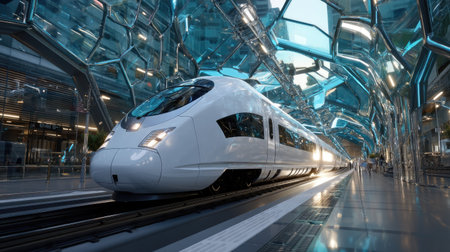 Experience the future of travel with a sleek, high-speed train stationed inside a stunning glass and steel terminal, showcasing modern design and innovation.の素材