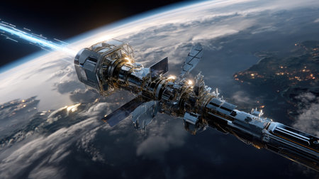 A detailed view of a futuristic spacecraft in orbit above Earth, featuring a bright energy beam and intricate design elements, set against a cosmic backdrop.の素材