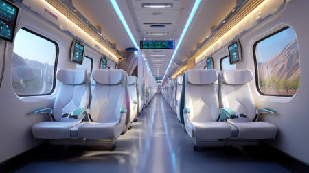 A stunning glimpse into a modern train interior featuring ergonomic seats, soft ambient lighting, and a spacious layout, ideal for comfortable travel.の素材
