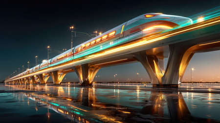 A stunning futuristic high-speed train speeds across a modern bridge, reflecting beautifully in the water below. The scene captures urban innovation at dusk.の素材