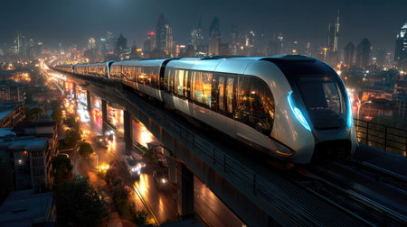 A captivating scene showcasing a futuristic urban train gliding along elevated tracks amidst a vibrant city skyline at night, highlighting modern transportation.の素材
