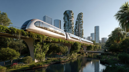 A stunning view of a futuristic monorail traveling through a vibrant city filled with modern skyscrapers and lush greenery, showcasing urban innovation.の素材