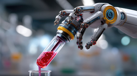 A detailed depiction of a robotic hand delicately pouring a vibrant red liquid into a test tube within a modern laboratory setting, showcasing advancements in automation and science.の素材