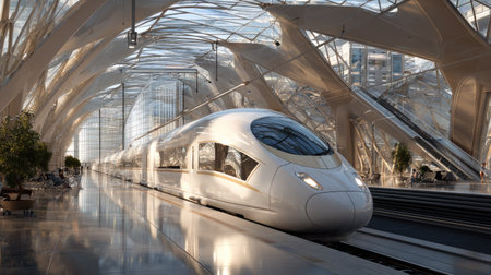 A cutting-edge high-speed train awaits at a beautifully designed station, showcasing striking architecture and ample natural light for travelers.の素材