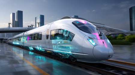 A futuristic train showcases a sleek design with high-tech elements, set against a modern urban backdrop. This image captures the essence of speed and innovation in transportation.の素材