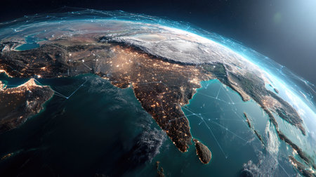 This stunning satellite image showcases Earth at night, focusing on Asia with illuminated cities and a network of connections over oceans, highlighting technology.の素材