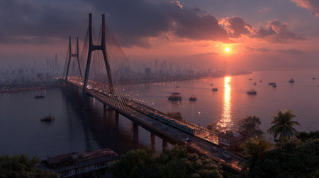 A breathtaking view of a bridge silhouetted against a vibrant sunset, with reflections shimmering on calm waters and a stunning skyline in the background.の素材