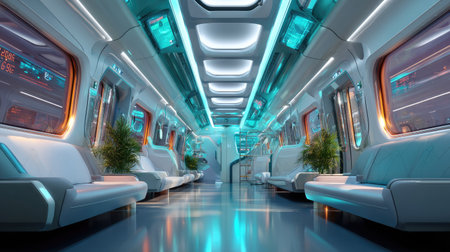 This image showcases a futuristic subway interior, illuminated by vibrant neon lights. The sleek design features modern seating and greenery, creating a unique travel experience.の素材