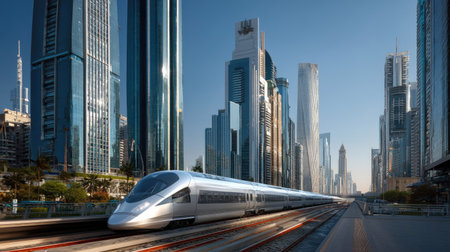 A sleek high-speed train glides through an urban landscape, showcasing modern architecture and the dynamic energy of Dubaiの素材
