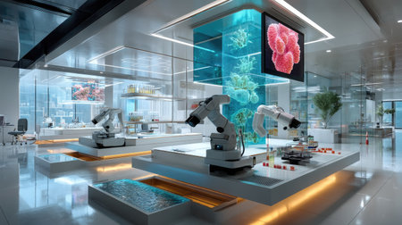 A cutting-edge laboratory interior showcasing high-tech robotics, fluorescent aquatic displays, and an organized workspace designed for scientific exploration.の素材